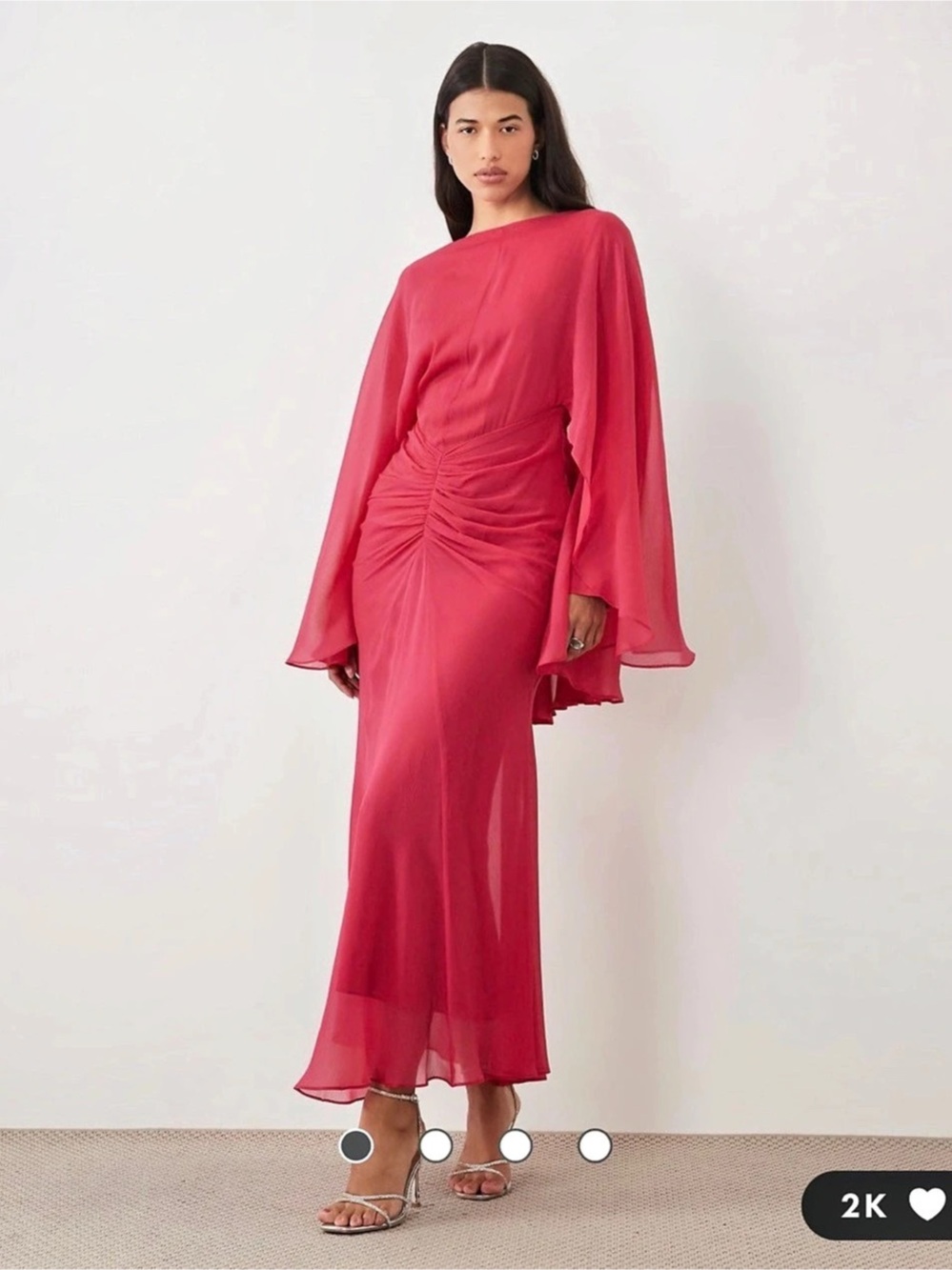ASOS DESIGN long angel sleeve maxi dress with ruched waist in raspberry